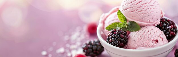 Photo fresh raspberry sorbet in a bowl with blackberries and mint leaves