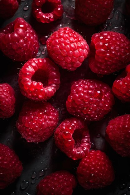 Fresh raspberry with leaves on wooden background