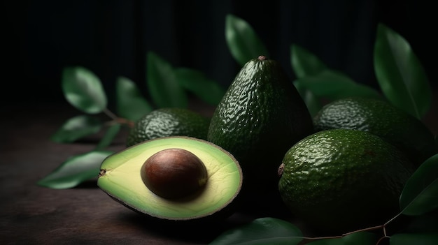 Fresh raw avocado on a black background Generative ai