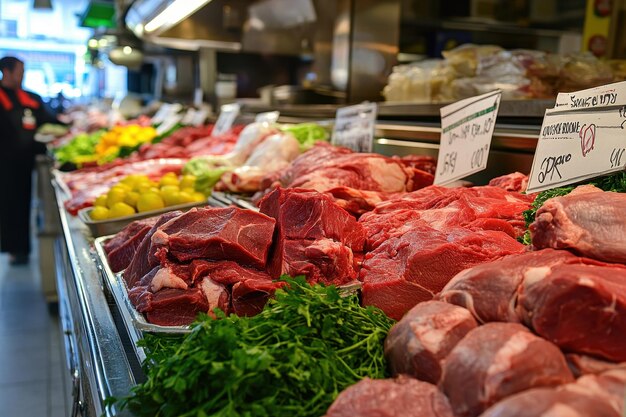 Photo fresh raw beef cuts displayed in a butcher shop