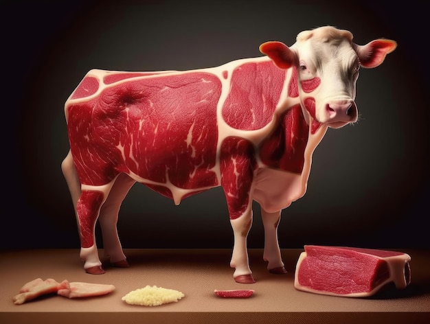 Fresh raw beef in the shape of a cow and scheme of cutting cow meat for Butcher shop