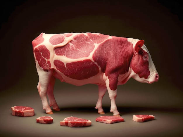 Fresh raw beef in the shape of a cow and scheme of cutting cow meat for Butcher shop