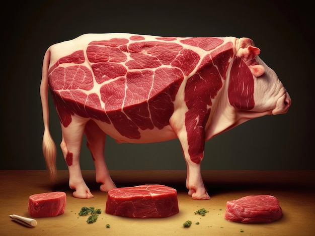 Fresh raw beef in the shape of a cow and scheme of cutting cow meat for Butcher shop