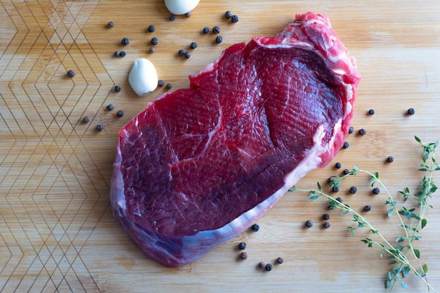 Fresh raw beef steak on wooden cutting board