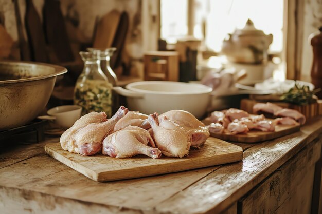 Photo fresh raw chicken thighs with colorful vegetables and spices on wooden cutting board a culinary