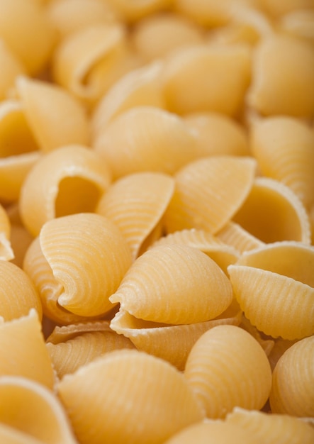 Fresh raw classic conchiglie pasta ias texture background Macro