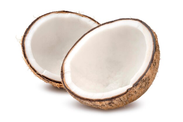 Fresh raw coconut cut in half isolated on white background with clipping path