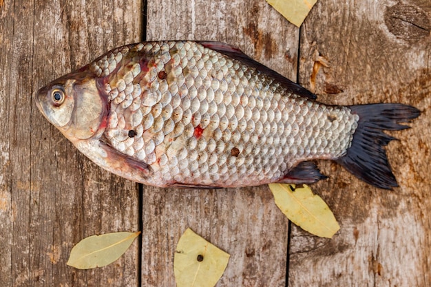 Fresh raw crucian with spices on a rustic wooden table Top view