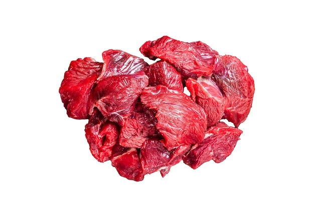 Fresh Raw diced beef veal meat for cooking Shish kebab Isolated on white background