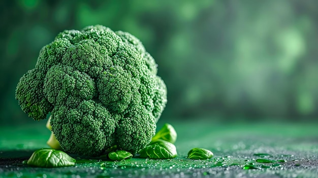 Fresh raw green broccoli head against texture background with water drops