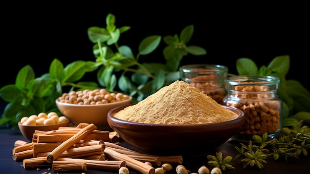 fresh raw green and brown cinnamon sticks in wooden bowl on black background top view copy space for your text