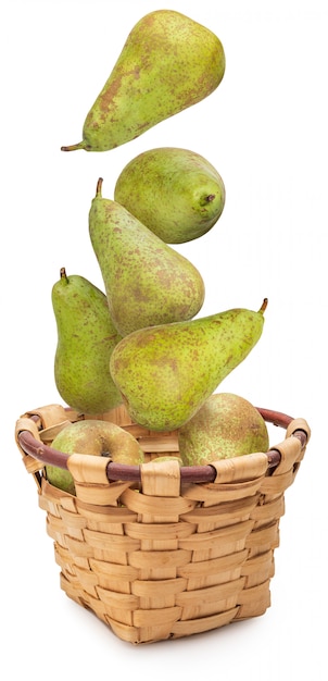 Fresh and raw green pears fresh from the tree (variety conference, Pyrus communis conference) dynamically fallen into a wicker basket. Isolated