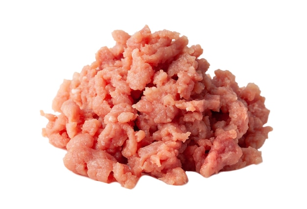 Fresh raw ground pork heap isolated on white background Pork and beef minced meat Isolated on white background Horizontal view