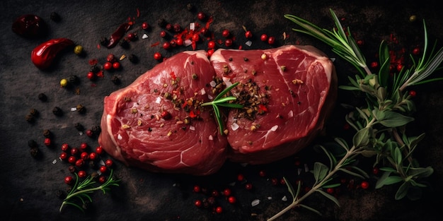 Fresh raw meat on board with spices on dark background top view