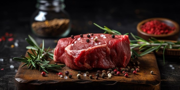 Fresh raw meat on board with spices on dark background