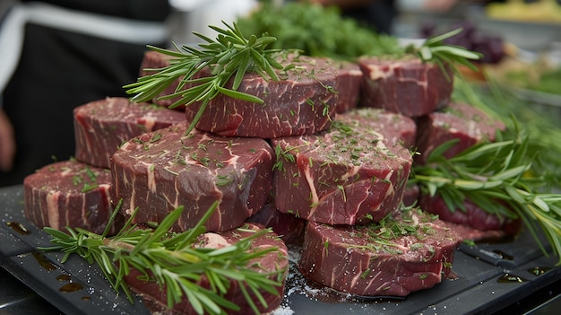 Photo fresh raw meat with herbs in the market window