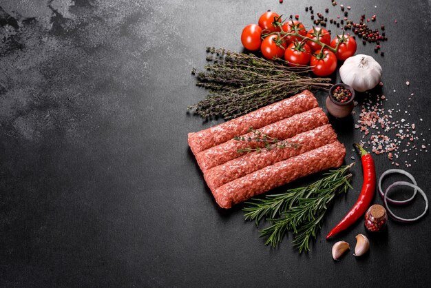 Fresh raw mince for grilled kebab with spices and herbs