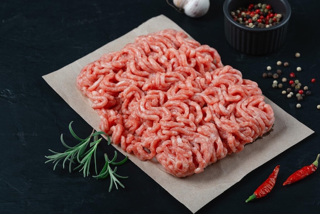 Fresh raw minced beef on backing paper and cutting board and ingredients