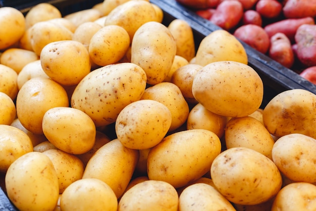 Fresh raw organic uncooked potatoes vegetables for sale at farmers market. Vegan food and healthy nutrition concept.