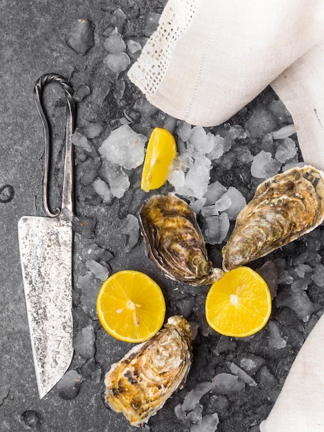 Fresh raw oysters on ice with lemon slices mollusk of the Atlantic Ocean on linen towel knife