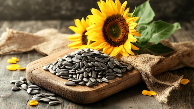 Fresh Raw Peeled Sunflower Seeds and Flowers on Wooden Board