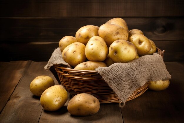 Fresh raw potatoes in basket on rustic oak board