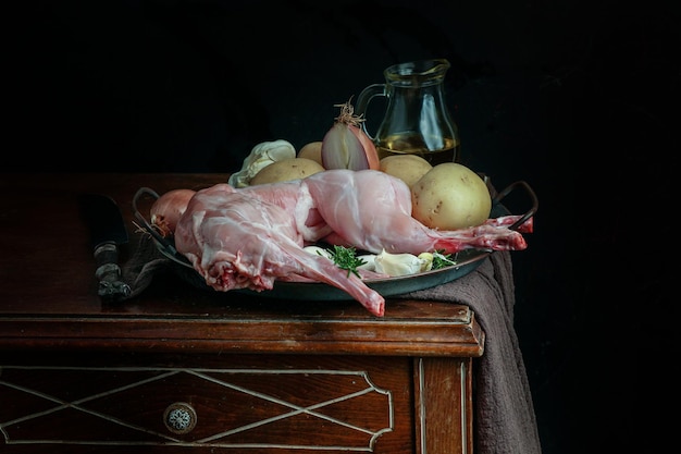 fresh raw rabbit. hare on the old wooden table, dark style