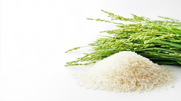 Fresh Raw Rice on White Background with Vegetable Planting