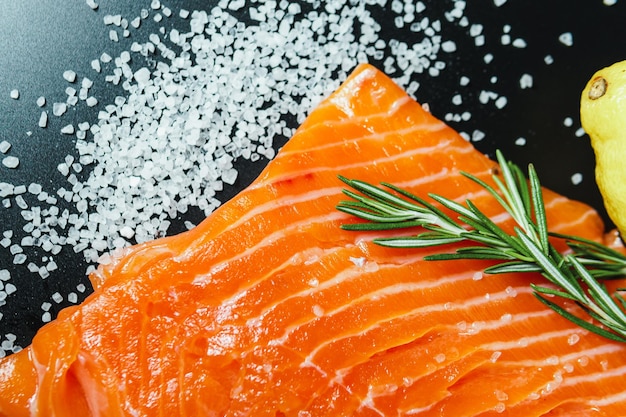 Fresh raw salmon fillet with seasonings and herbs