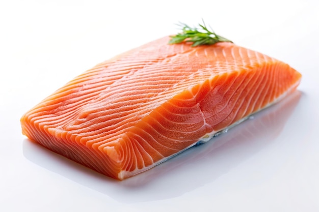 Fresh raw salmon fish fillet on a white background photographed from a worm s eye view food healthy