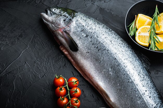 Fresh raw salmon red fish on black background with copy space.