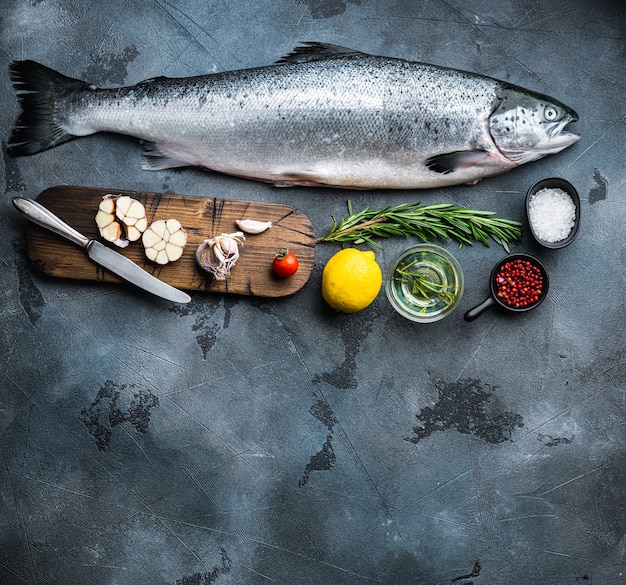 Fresh raw salmon on a wooden table