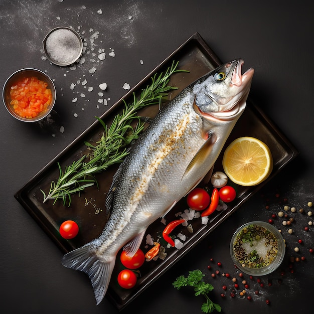 Fresh raw Sea bass fish with ingredients for making on a baking sheet Top view Generative AI