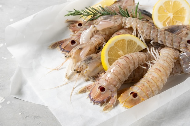 Fresh raw seafood large mantis shrimps with lemon on a gray concrete background