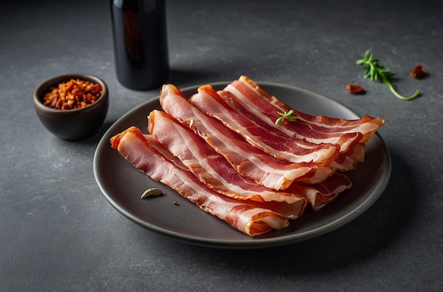 Fresh raw slices bacon on plate on grey background