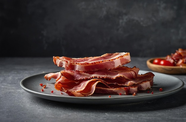 Fresh raw slices bacon on plate on grey background