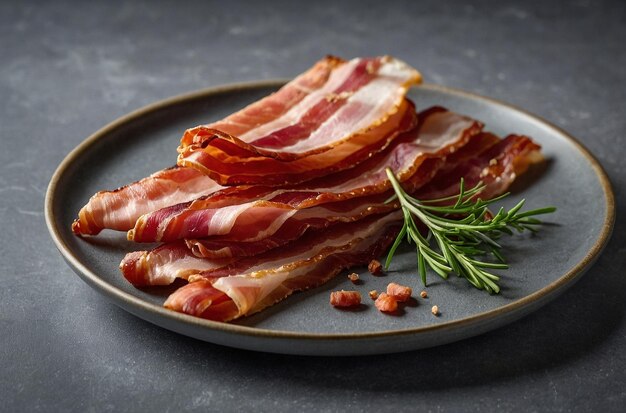 Fresh raw slices bacon on plate on grey background