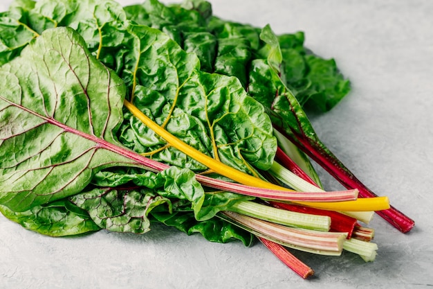 Fresh raw swiss rainbow chard leaves on gray stone background