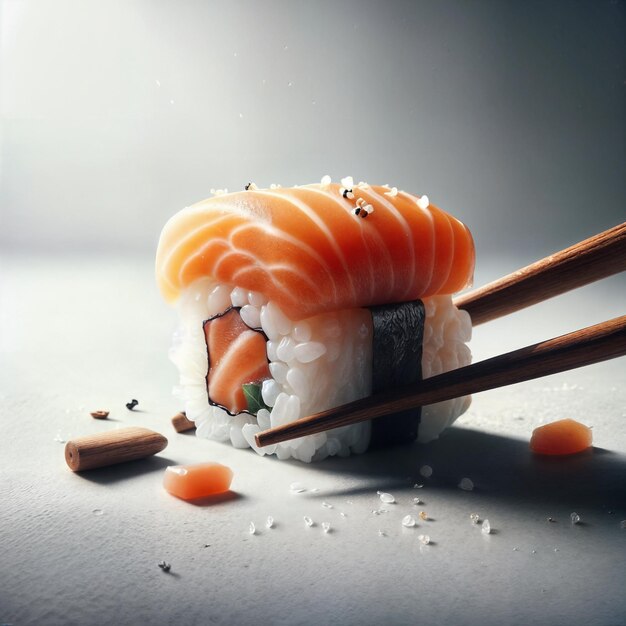 a fresh raw and tasty japanese food salmon sushi with chopsticks on clean dramatic studio background