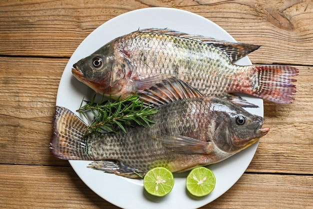 Fresh raw tilapia fish from the tilapia farm Tilapia with white plate with rosemary lemon lime on wooden background