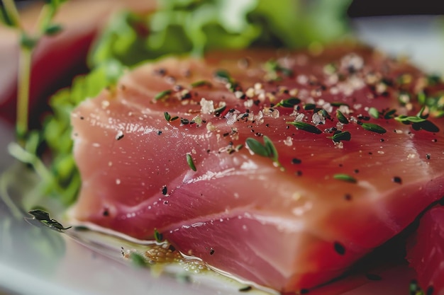 Fresh Raw Tuna Steak with Herb and Pepper Seasoning CloseUp Gourmet Seafood Dish SashimiGrade