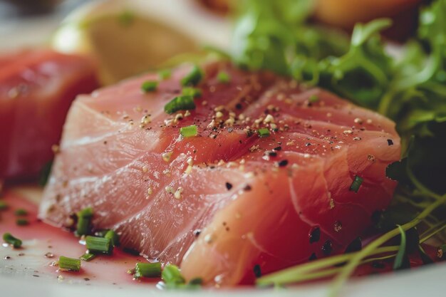 Photo fresh raw tuna steak with herb and pepper seasoning closeup gourmet seafood dish sashimigrade