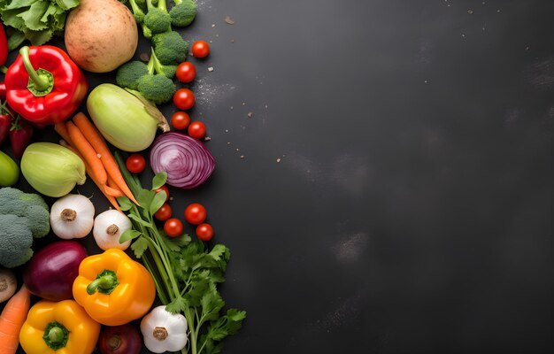 Fresh raw vegetables with black beans on a black chalkboard top view