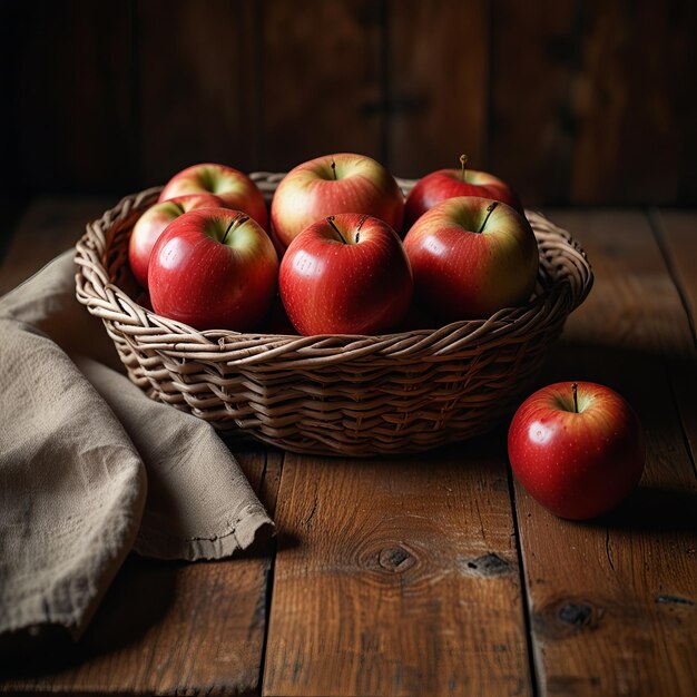 Photo a fresh red apple in basket on table with window soft sunlight background