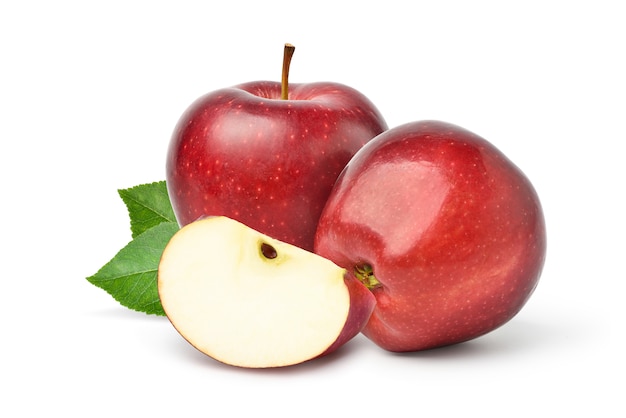 Fresh red Apple fruit with sliced and green leaves isolated on white background