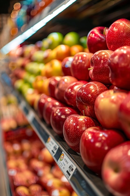 A fresh red apple pile display in supermarket shelf