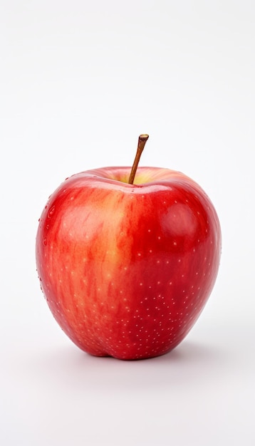 Fresh red apple on a plain white background with a smooth surface and shiny skin