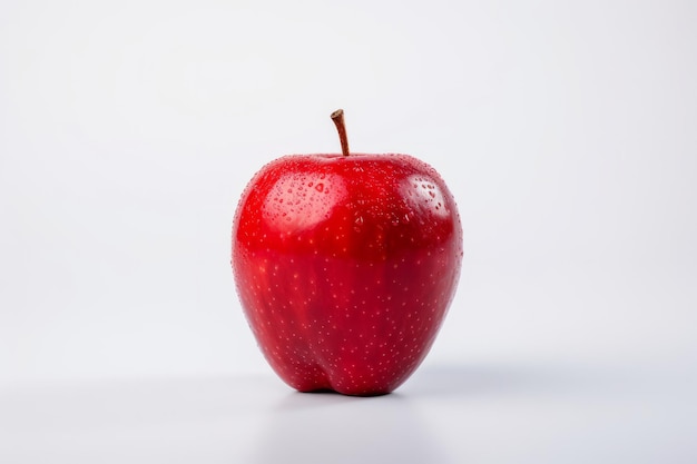 Fresh red apple with water droplets on a light background emphasizing its vibrant color and texture