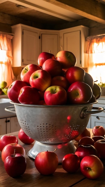 Fresh red apples in a colander