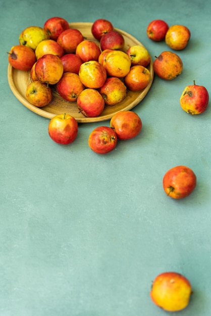 Fresh red apples on a gray background Fruit View from above Free space for text